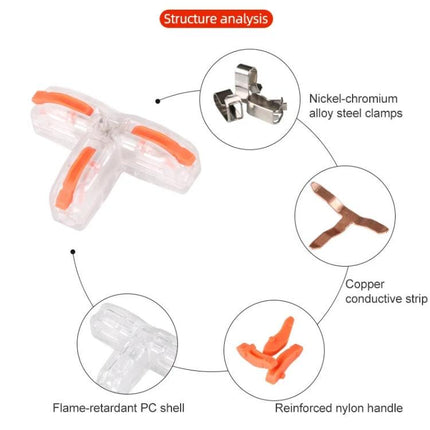 10-Piece Household Universal T-Type Wire Connection Terminal clear push-in T-shaped connector with orange nylon handles and copper clamps