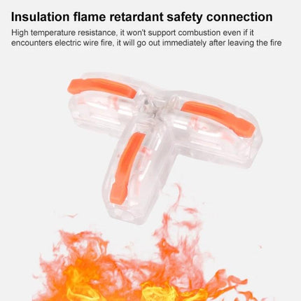 10-Piece Household Universal T-Type Wire Connection Terminal clear push-type T connector with orange levers, flame-retardant insulation for household wiring