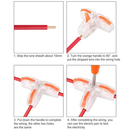 10-Piece Household Universal T-Type Wire Connection Terminal demonstrating wire stripping and push-type wiring steps with orange handles