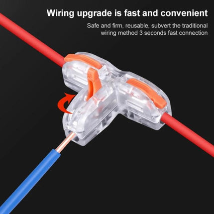 10-Piece Household Universal T-Type Wire Connection Terminal clear push-to-lock T-type connector securing red and blue wires