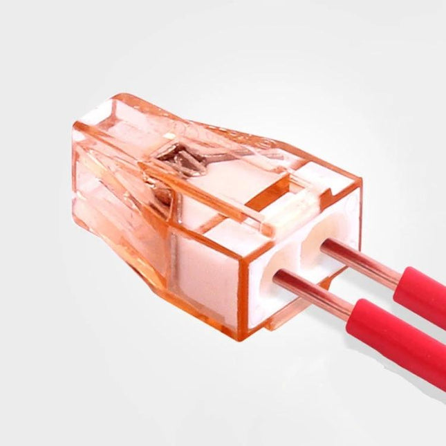 Pack of 10 Wire Quick Connector Terminal Blocks for Wiring Connections - clear orange two-wire connector close-up