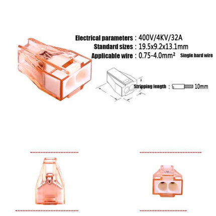 Pack of 10 Wire Quick Connector Terminal Blocks for Wiring Connections compact orange 2-port connector diagram 19.5x9.2x13.1mm