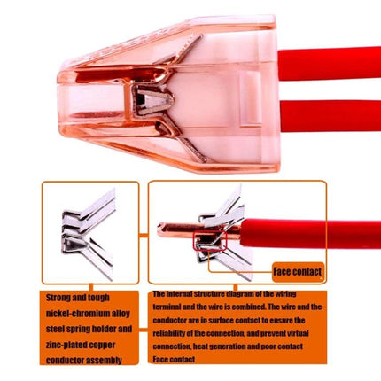 Pack of 10 Wire Quick Connector Terminal Blocks for Wiring Connections - clear quick splice connector with red wires, nickel-chromium spring and copper conductor