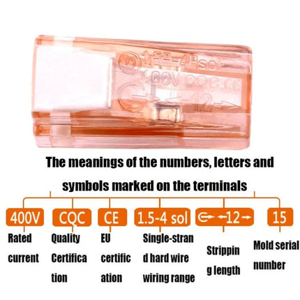 Pack of 10 Wire Quick Connector Terminal Blocks for Wiring Connections - transparent orange quick connector with labeled terminal markings and wiring specs