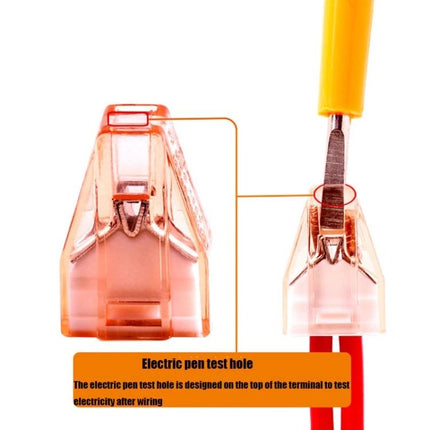 Pack of 10 Wire Quick Connector Terminal Blocks for Wiring Connections, clear orange connector with test hole and screwdriver showing wire insertion