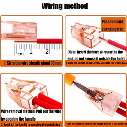 Pack of 10 Wire Quick Connector Terminal Blocks for Wiring Connections clear orange connector showing wiring method and stripped red wire