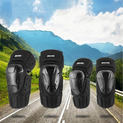 SULAITE Off Road Knee And Elbow Pads For Motorcycle Riding - black breathable protective knee and elbow guards shown on scenic road