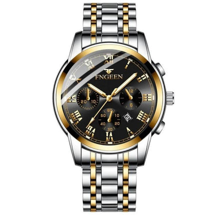 Alt Tag: FNGEEN Men's Waterproof Quartz Watch for Everyday Timekeeping - two-tone stainless steel chronograph with black dial, gold accents, 30m water resistance