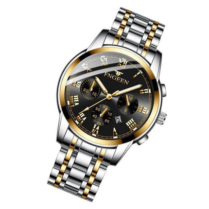 FNGEEN Men's Waterproof Quartz Watch for Everyday Timekeeping - silver and gold stainless steel chronograph with black dial