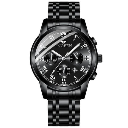 FNGEEN Men's Waterproof Quartz Watch for Everyday Timekeeping - black stainless steel chronograph with quartz movement and 30m water resistance
