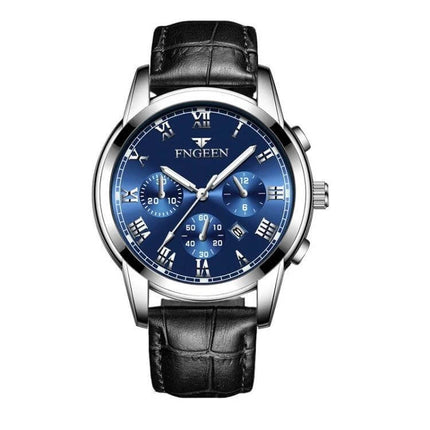 FNGEEN Men's Waterproof Quartz Watch for Everyday Timekeeping - blue dial, stainless case, black leather band, 30m water resistant quartz timepiece