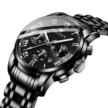 FNGEEN Men's Waterproof Quartz Watch for Everyday Timekeeping, black stainless steel chronograph with 30m water resistance
