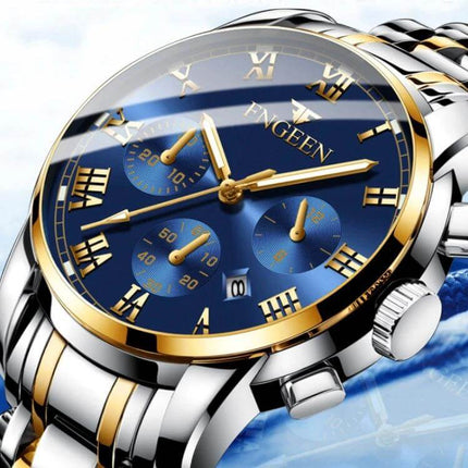 FNGEEN Men's Waterproof Quartz Watch for Everyday Timekeeping - blue dial gold-accent stainless steel chronograph style watch
