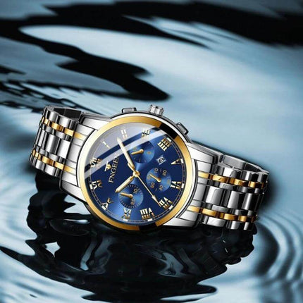 FNGEEN Men's Waterproof Quartz Watch for Everyday Timekeeping - two-tone stainless steel blue dial on reflective water surface