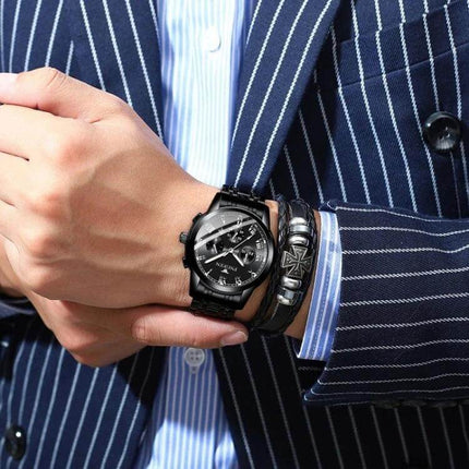 FNGEEN Men's Waterproof Quartz Watch for Everyday Timekeeping shown on wrist with black dial and casual bracelet, water-resistant style for daily wear