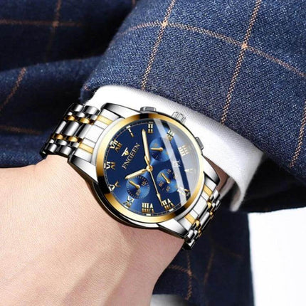 FNGEEN Men's Waterproof Quartz Watch for Everyday Timekeeping on wrist with blue dial, two-tone metal bracelet, 30m waterproof durable quartz timepiece