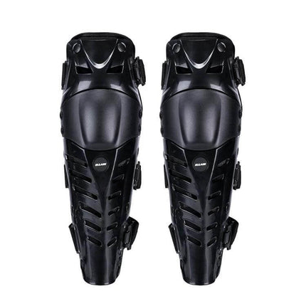 SULAITE Motorcycle Knee Pads Black for Outdoor Riding and Everyday Use - pair of black PE shell knee pads with EVA foam, adjustable 29cm elastic straps, 90° bend