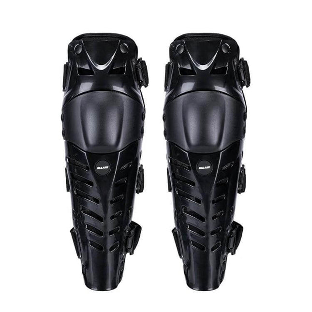 SULAITE Motorcycle Knee Pads Black for Outdoor Riding and Everyday Use - pair of black PE shell knee pads with EVA foam, adjustable 29cm elastic straps, 90° bend