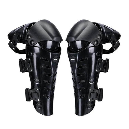 SULAITE Motorcycle Knee Pads Black for Outdoor Riding and Everyday Use - pair of black PE shell knee pads with EVA foam and adjustable 29 cm elastic straps