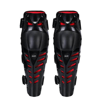 SULAITE Motorcycle Knee Pads Black for Outdoor Riding and Everyday Use - pair of black PE shell knee pads with red EVA foam accents and adjustable straps