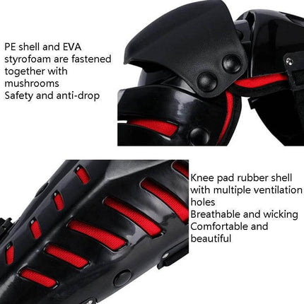 SULAITE Motorcycle Knee Pads Black for Outdoor Riding and Everyday Use close-up showing black PE shell, red EVA foam lining, ventilation slots and adjustable strap