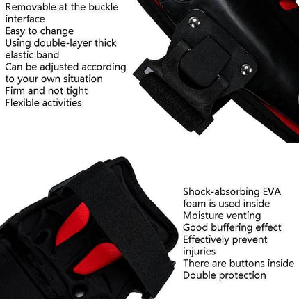 SULAITE Motorcycle Knee Pads Black for Outdoor Riding and Everyday Use showing removable buckle, double-layer elastic strap and shock-absorbing EVA foam protection