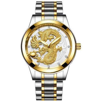 FNGEEN Luminous Couple's Watch with Elegant Gold Design showing gold dragon dial, luminous hands, two-tone stainless steel bracelet, 40mm quartz timepiece