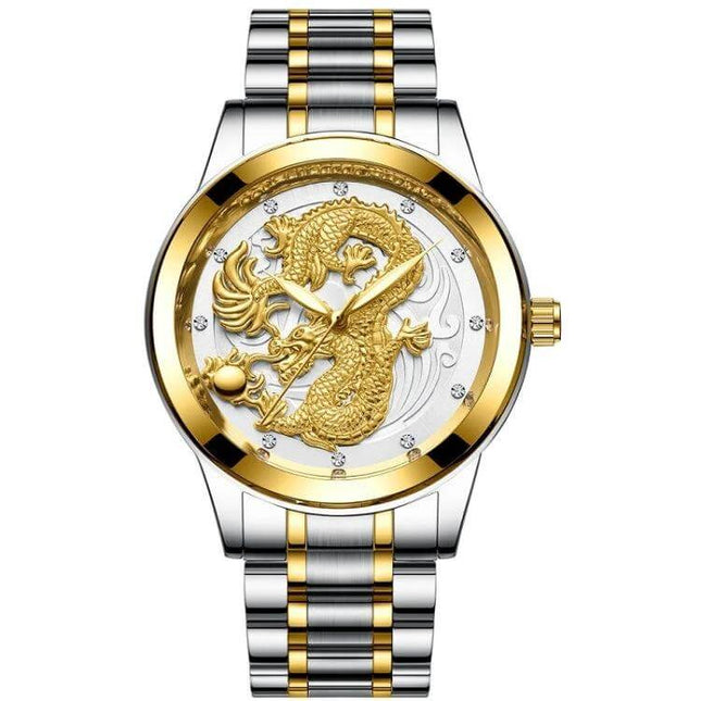 FNGEEN Luminous Couple's Watch with Elegant Gold Design showing gold dragon dial, luminous hands, two-tone stainless steel bracelet, 40mm quartz timepiece