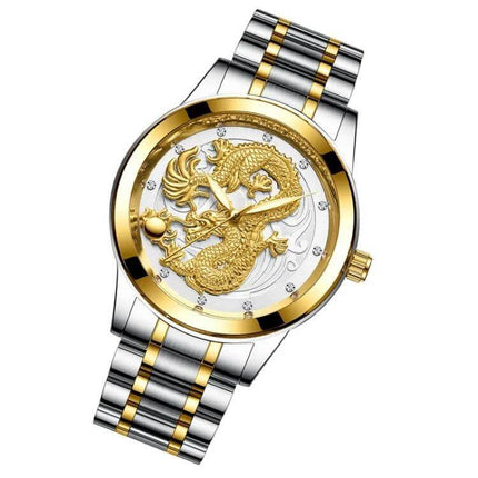 FNGEEN Luminous Couple's Watch with Elegant Gold Design - gold dragon motif two-tone stainless steel luminous dial, 40mm quartz couple's timepiece