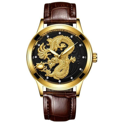 FNGEEN Luminous Couple's Watch with Elegant Gold Design – gold dragon dial, luminous hands, 40mm quartz, brown leather strap