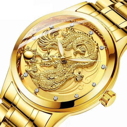 FNGEEN Luminous Couple's Watch with Elegant Gold Design, 40mm gold dragon dial, luminous hands for low light readability