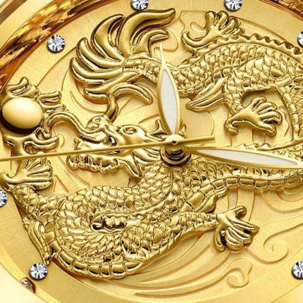 FNGEEN Luminous Couple's Watch with Elegant Gold Design - close-up gold dragon dial, luminous hands, 40mm quartz timepiece