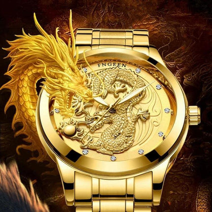FNGEEN Luminous Couple's Watch with Elegant Gold Design - gold dragon embossed dial, luminous hands, 40mm quartz couple's timepiece