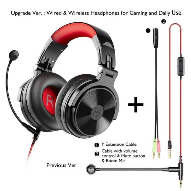 OneOdio Bluetooth Over Ear Headset Wired And Wireless Black Red with detachable boom mic and inline volume control