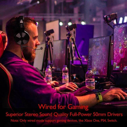 OneOdio Bluetooth Over Ear Headset Wired And Wireless Black Red shown on gamer using 50mm drivers for wired and Bluetooth play