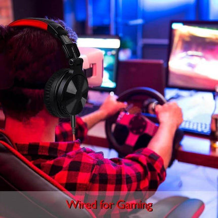 OneOdio Bluetooth Over Ear Headset Wired And Wireless Black Red gaming setup with player using wired connection and steering wheel