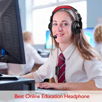 OneOdio Bluetooth Over Ear Headset Wired And Wireless Black Red worn by student using PC for online learning with mic and inline controls