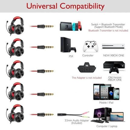 OneOdio Bluetooth Over Ear Headset Wired And Wireless Black Red showing universal compatibility with consoles PC and mobile