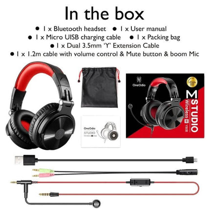 OneOdio Bluetooth Over Ear Headset Wired And Wireless Black Red showing headset, cables, pouch and manual