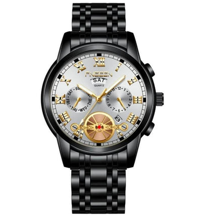 FNGEEN Multi-Function Men's Quartz Watch for Everyday Use - black stainless calendar dial, gold accents, durable everyday timepiece