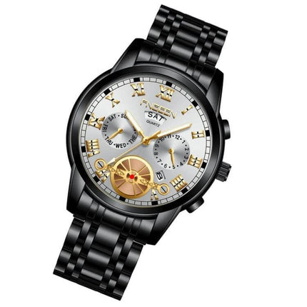 FNGEEN Multi-Function Men's Quartz Watch for Everyday Use black stainless steel watch with calendar and multifunction dial