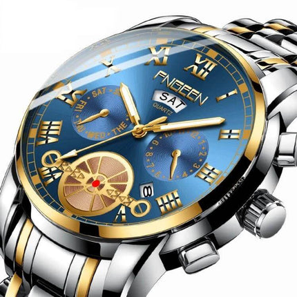 FNGEEN Multi-Function Men's Quartz Watch for Everyday Use - blue dial, gold accents, calendar day display, stainless steel band