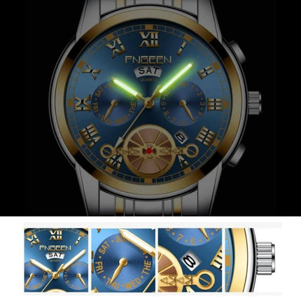 FNGEEN Multi-Function Men's Quartz Watch for Everyday Use - blue dial, calendar subdials, luminous hands, durable stainless steel band