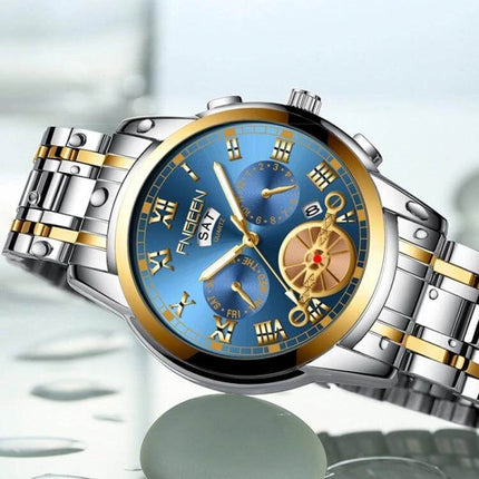 FNGEEN Multi-Function Men's Quartz Watch for Everyday Use - blue dial stainless steel calendar daily wear timepiece