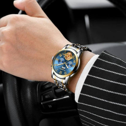 FNGEEN Multi-Function Men's Quartz Watch for Everyday Use - blue dial stainless steel men's watch on wrist while driving