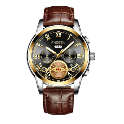 FNGEEN Multi-Function Men's Quartz Watch for Everyday Use - brown leather strap gold black dial with calendar and subdials