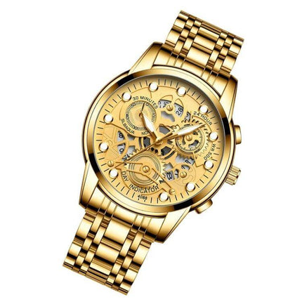 FNGEEN Men's Waterproof Luminous Quartz Watch For Daily Use gold skeleton dial stainless steel band luminous hands