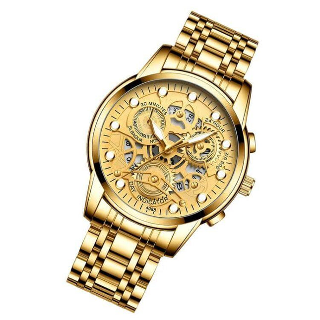 FNGEEN Men's Waterproof Luminous Quartz Watch For Daily Use gold skeleton dial stainless steel band luminous hands