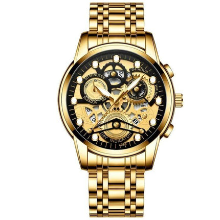 FNGEEN Men's Waterproof Luminous Quartz Watch For Daily Use gold skeleton dial stainless steel bracelet elegant everyday timepiece