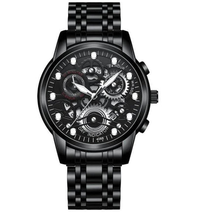 FNGEEN Men's Waterproof Luminous Quartz Watch For Daily Use – black stainless steel luminous dial, quartz movement, 30m water resistant